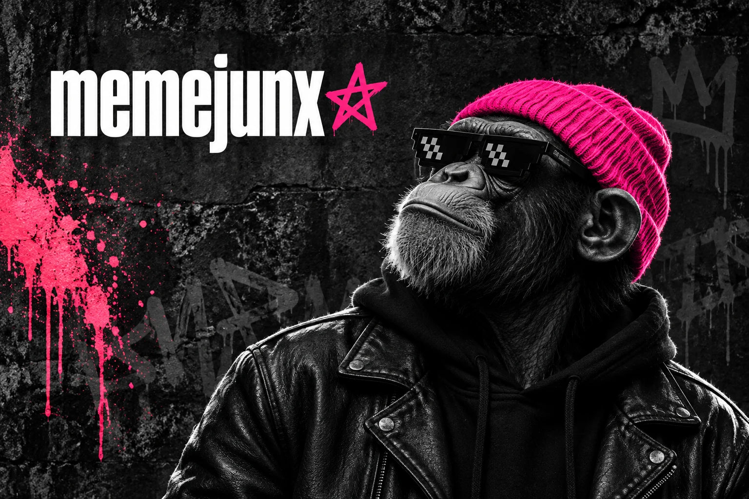 Memejunx: a chimp in a pink beanie and pixel sunglasses against a dark graffiti wall